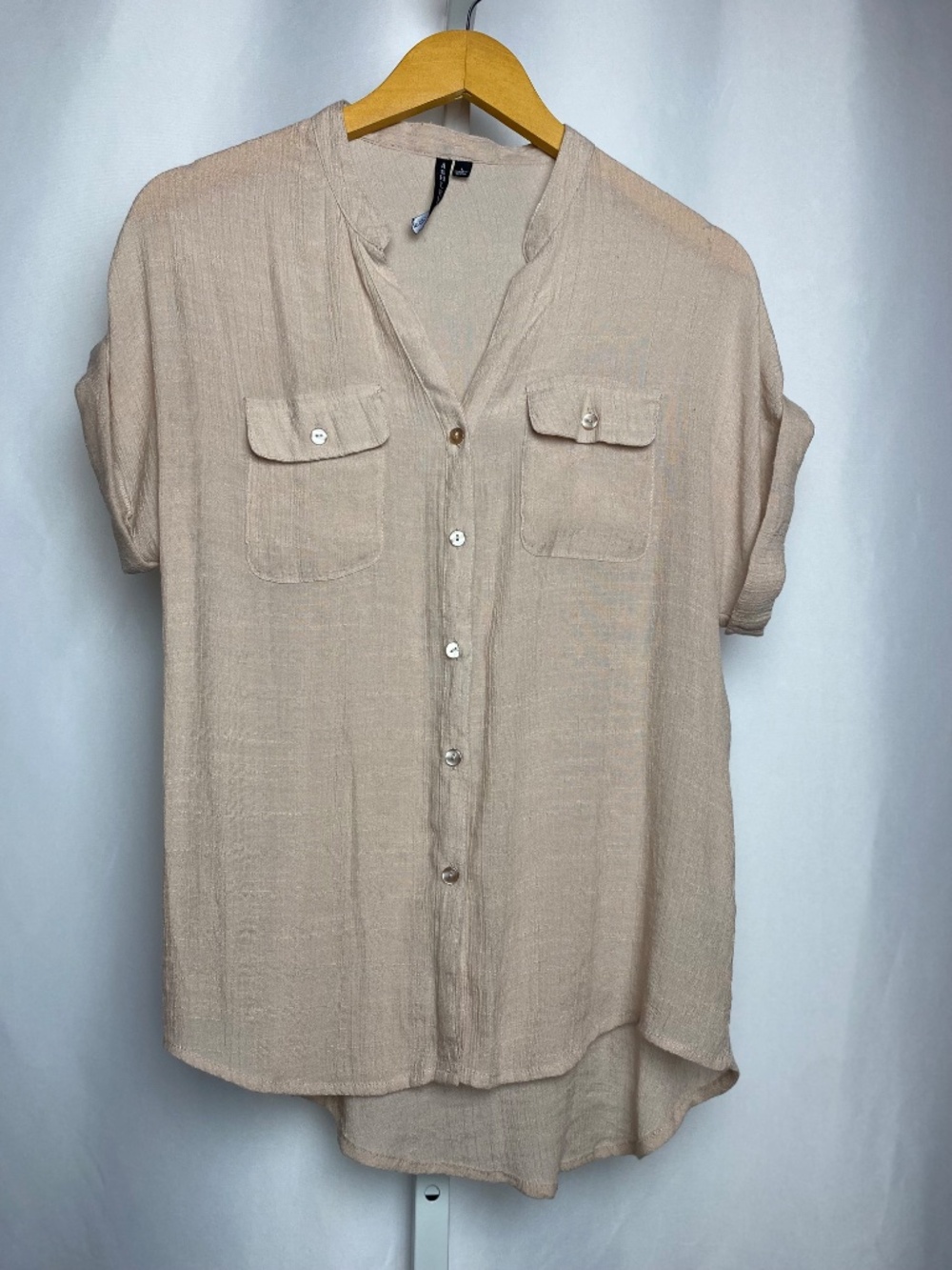 Ashley Blue Womenʻs Light Beige Crinkled Gauze Lightweight Button Down Blouse L